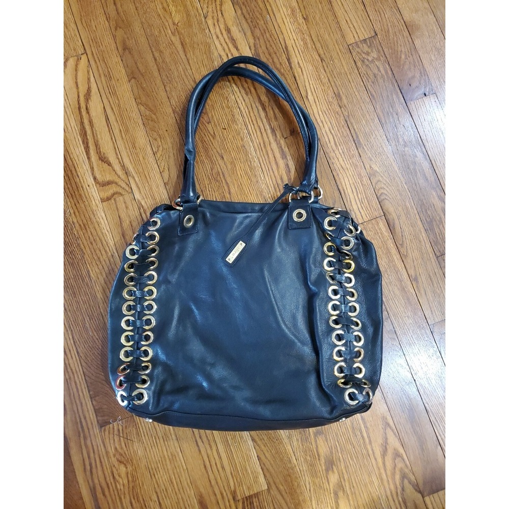 Abro Black Leather Grommet Lace Up Shoulder Bag Gold Hardware Tote Purse Biker